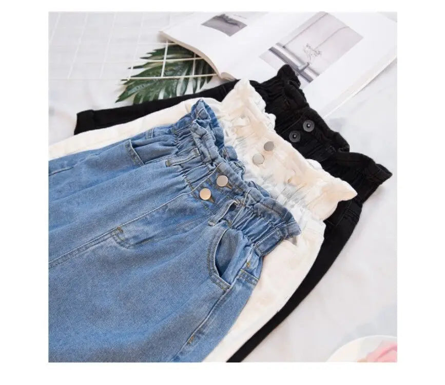 Jielur Summer Black Women Denim Shorts Women S-5XL Harem Ruffled White Blue High Waisted Shorts Female Elastic Short Jeans - reetell