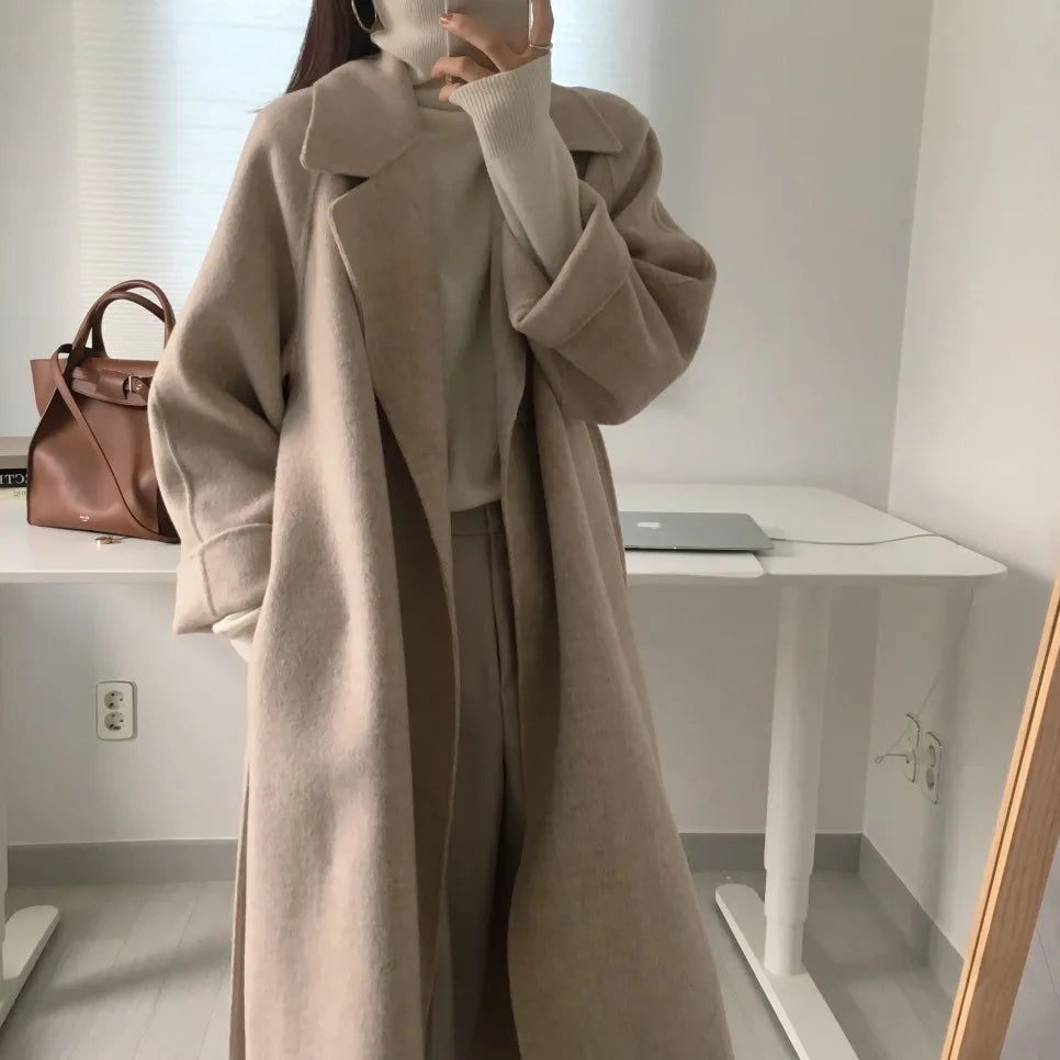 JXMYY French Lazy Style Warm Female Fresh Winter 2024 Classical Belt Retro Loose Women Woolen Coats Chic Casual Long Coat Long - reetell