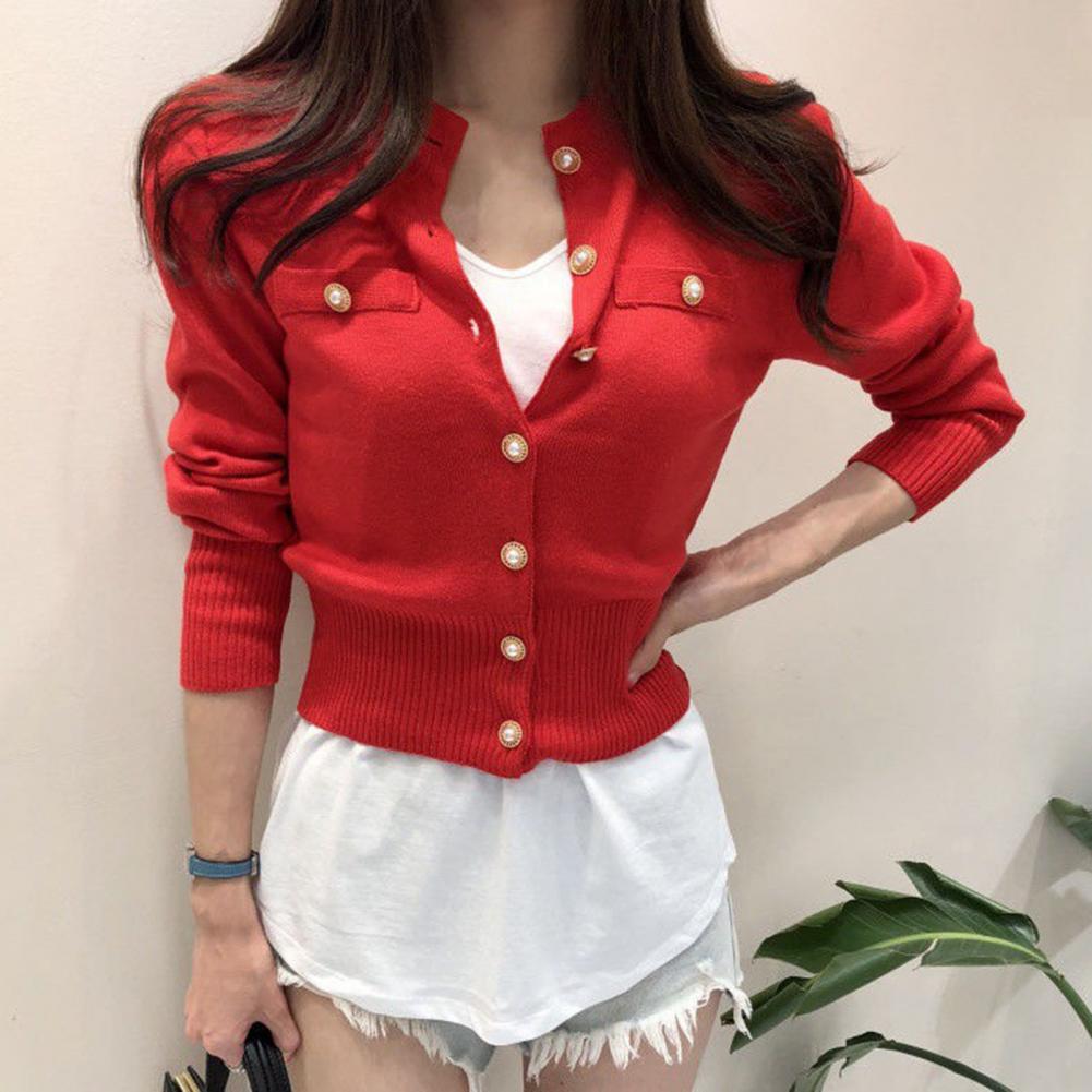 Women Cardigan Sweater Decorative Pockets Faux Pearl Buttons Knitted Coat Short Single Breasted Korean Slim Chic Ladies Tops - reetell