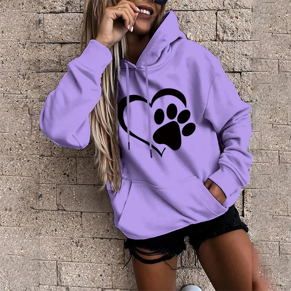 Women's Fashion Hoodie Loose Oversized Long Sleeve Sweatshirts Black Love Footprint Printed Clothing Ladies Harajuku Pullover - reetell