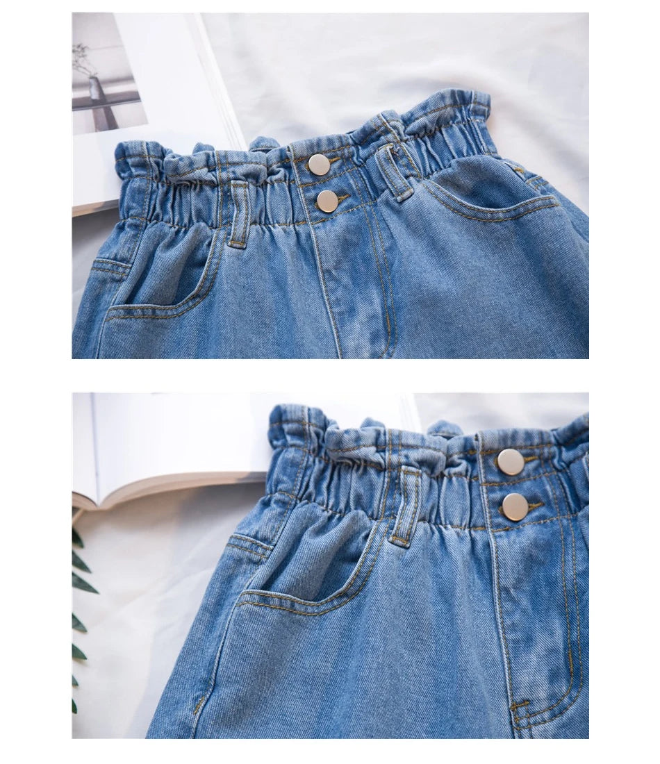 Jielur Summer Black Women Denim Shorts Women S-5XL Harem Ruffled White Blue High Waisted Shorts Female Elastic Short Jeans - reetell