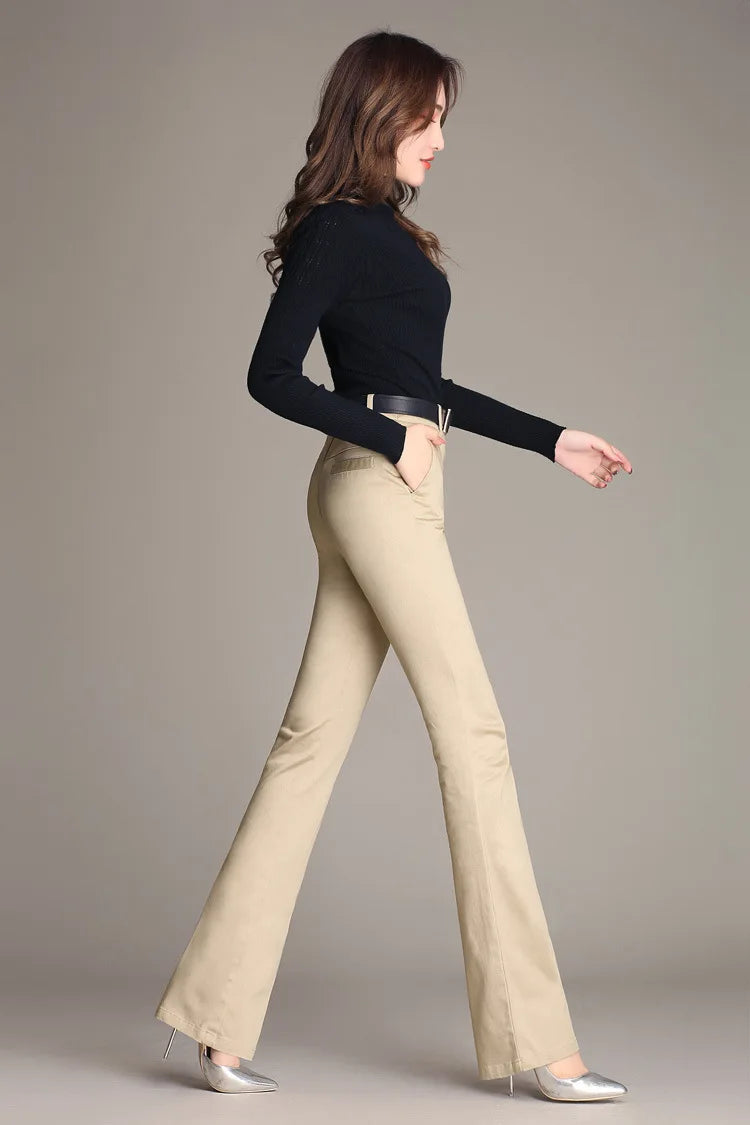 YUEY New Womens Spring Summer Trousers  Thin 100% Cotton Flared Pants Solid Color Casual Stretch S To 4XL Dropshiping - reetell