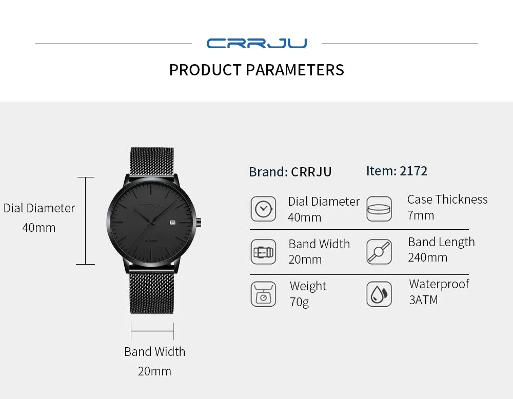 CRRJU Fashion Mens Watches Ultra Thin Quartz Watch Men Casual Slim Mesh Steel Waterproof Sport Watch Black Relogio Masculino