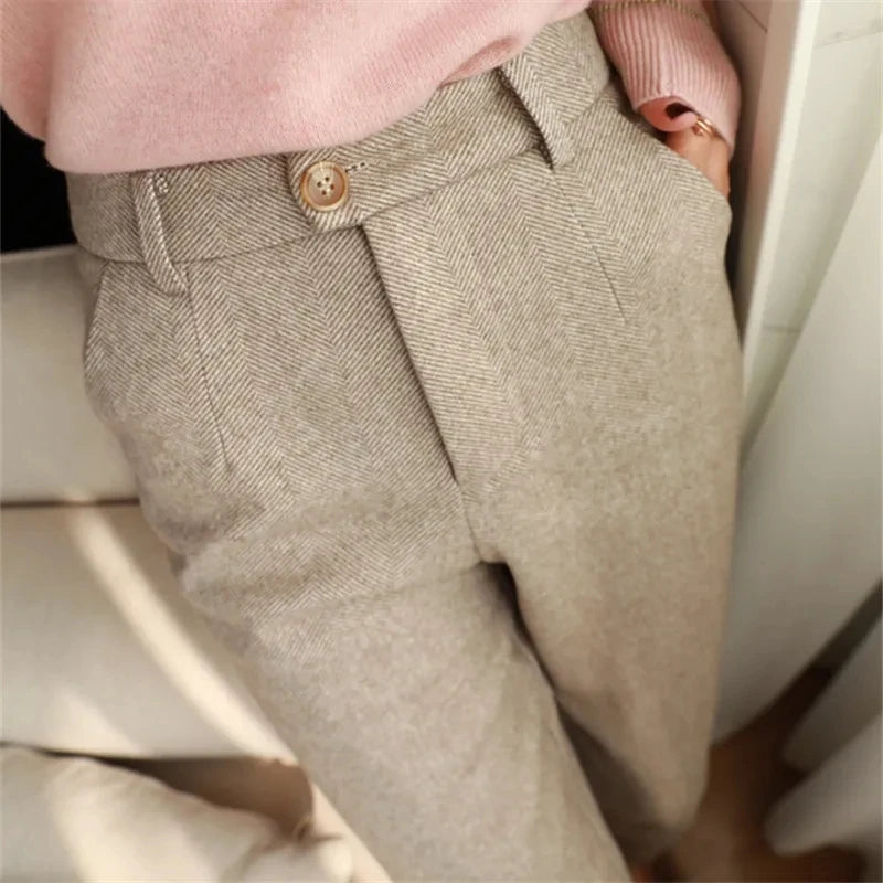 Woolen Pants Women's Harem Pencil Pants 2024 Autumn Winter High Waisted Casual Suit Pants Office Lady Women Trousers - reetell