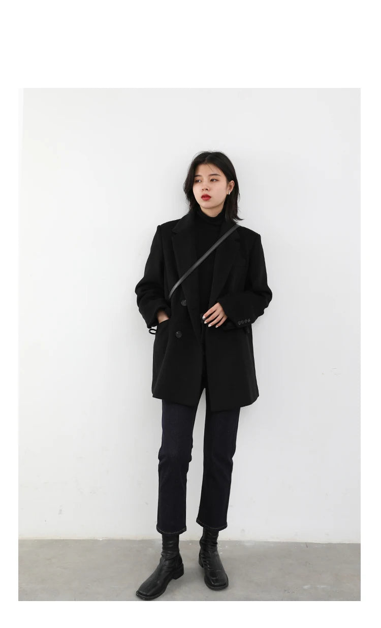 CHIC VEN Women Wool Blend Coat Solid Mid Long Woolen Blazer Thick Warm Blouse Women's Overcoat Office Lady Tops Autumn Winter - reetell