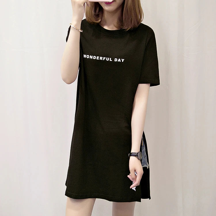 WONDERFUL DAY Print Long T shirts Summer Women Loose Slit Femme Tops Cotton Tshirt Short sleeve Ladies t-shirt - reetell