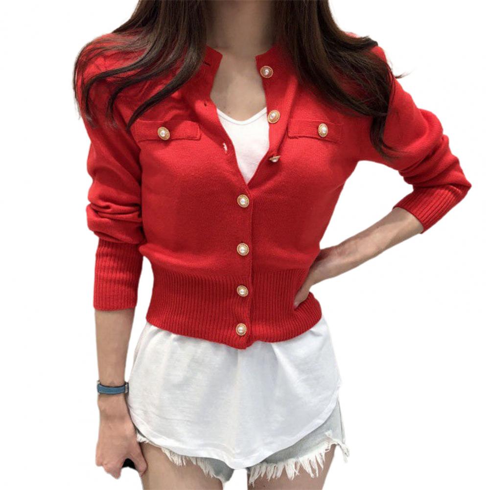 Women Cardigan Sweater Decorative Pockets Faux Pearl Buttons Knitted Coat Short Single Breasted Korean Slim Chic Ladies Tops - reetell