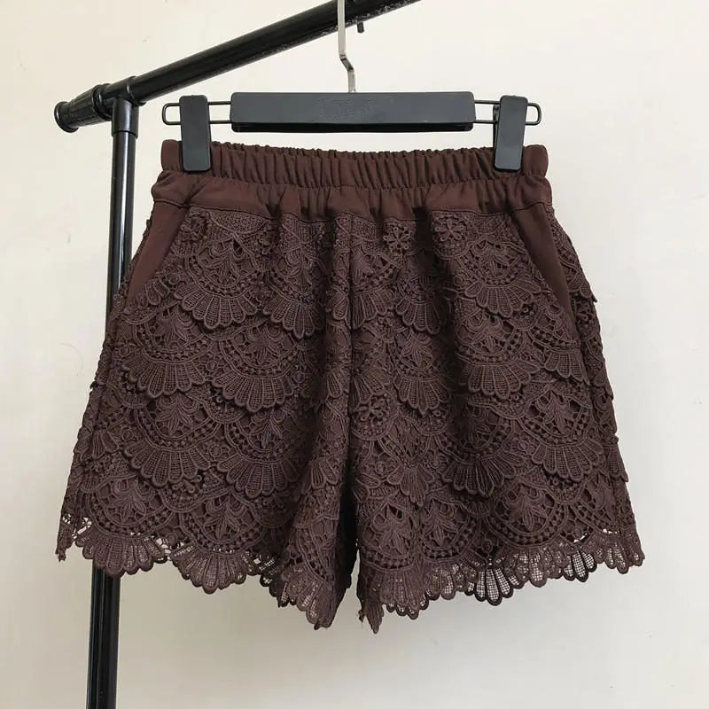 Lace Shorts Women Spring Autumn High Waist Shorts Elastic Wide Leg Short Shorts Black / White Ladies Sexy Short Feminino Q2248 - reetell