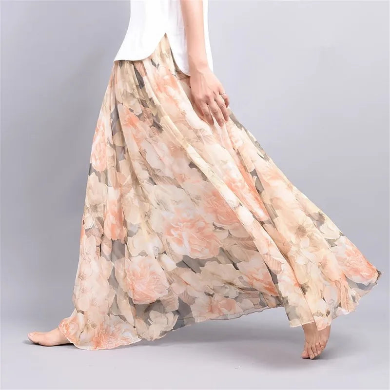 Vintage Bohemian Long Skirts Women Elegant Chiffon Saia Harajuku Beach High Waist Long Skirt Woman Clothes Faldas Tutu Vestidos - reetell