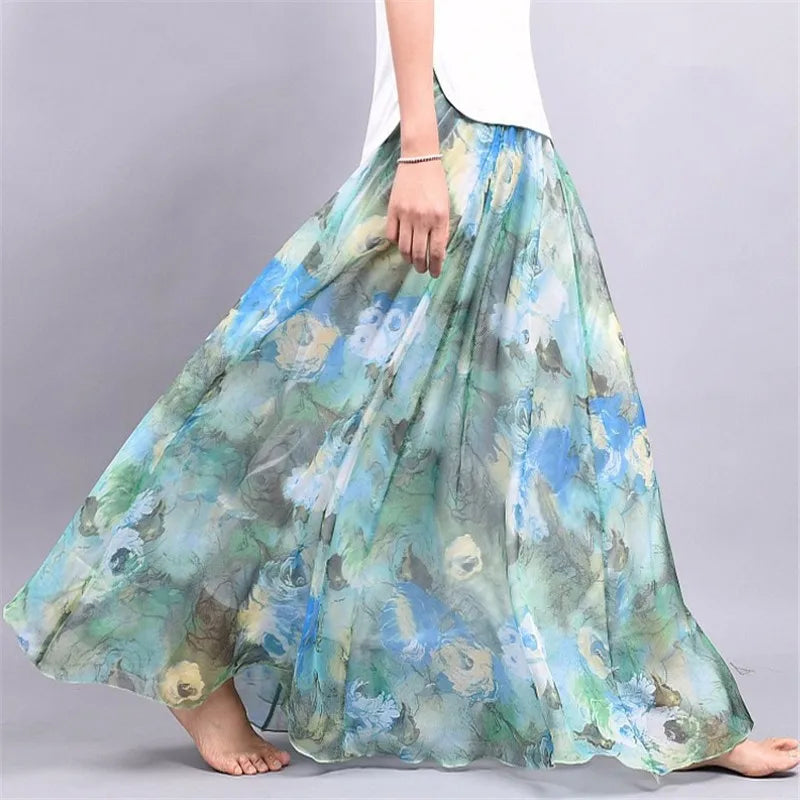 Vintage Bohemian Long Skirts Women Elegant Chiffon Saia Harajuku Beach High Waist Long Skirt Woman Clothes Faldas Tutu Vestidos - reetell