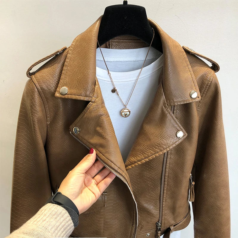 Ftlzz Spring Autumn Women Faux Leather Jacket Slim Streetwear Khaki Leather Coat Biker Moto Jacket with Belt Female Outerwear