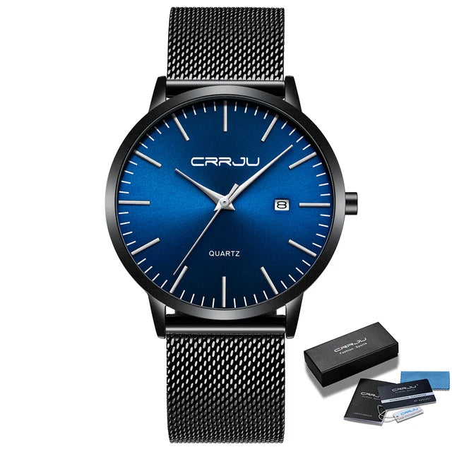 CRRJU Fashion Mens Watches Ultra Thin Quartz Watch Men Casual Slim Mesh Steel Waterproof Sport Watch Black Relogio Masculino