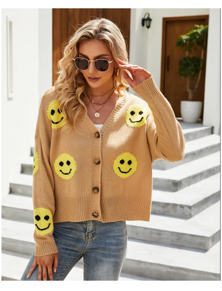 Women's Smiling Face Cardigan Autumn Winter New Female's Long Sleeve V Neck Single Breasted Knitted Shirt Casual Loose Knitwear - reetell