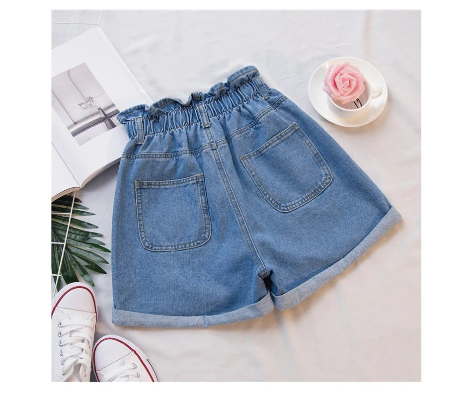 Jielur Summer Black Women Denim Shorts Women S-5XL Harem Ruffled White Blue High Waisted Shorts Female Elastic Short Jeans - reetell