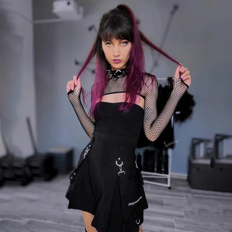 Black Skirt Harajuku Punk Gothic Black High Waist Black Women Sexy Patchwork Bandage Mini Skirt Female Streetwear - reetell