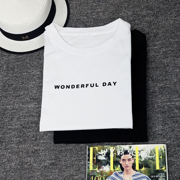 WONDERFUL DAY Print Long T shirts Summer Women Loose Slit Femme Tops Cotton Tshirt Short sleeve Ladies t-shirt - reetell