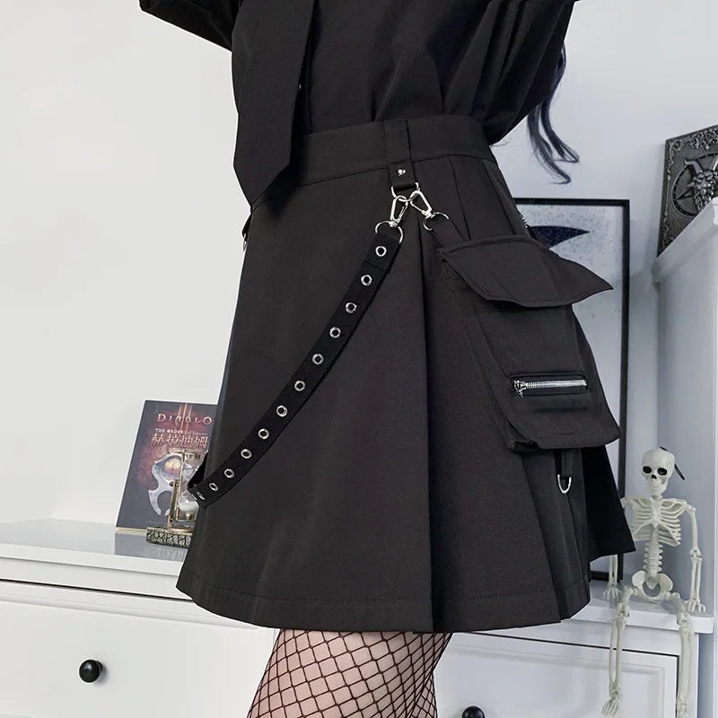 Black Skirt Harajuku Punk Gothic Black High Waist Black Women Sexy Patchwork Bandage Mini Skirt Female Streetwear - reetell