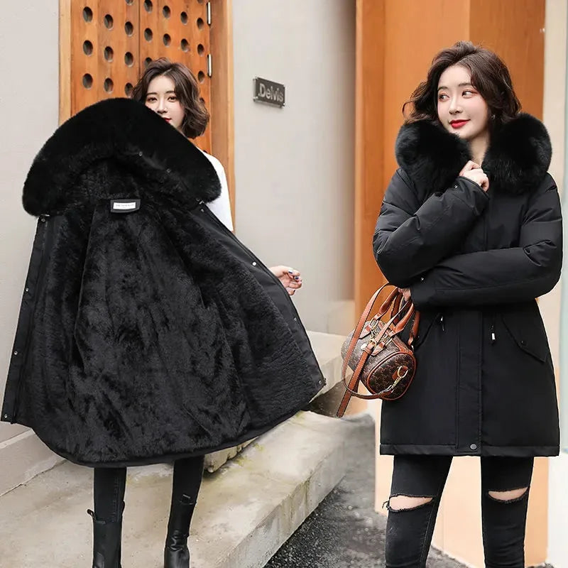 2023 New Winter Jacket Women Parka Fashion Long Coat Wool Liner Hooded Parkas Slim With Fur Collar Warm Snow Wear Padded Clothes - reetell