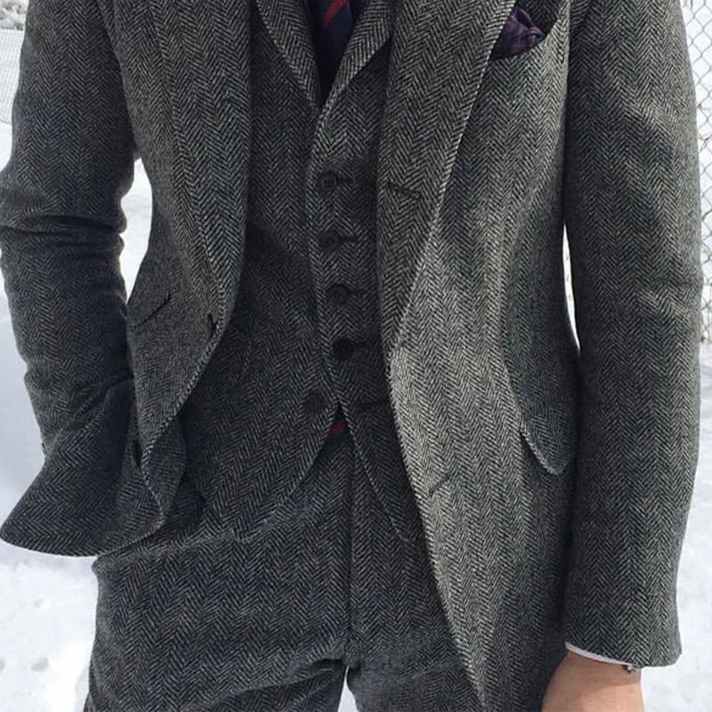 Gray Wool Tweed Winter Men Suit's For Wedding Formal Groom Tuxedo Herringbone Male Fashion 3 Piece Suit (Jacket + Vest + Pants) - reetell