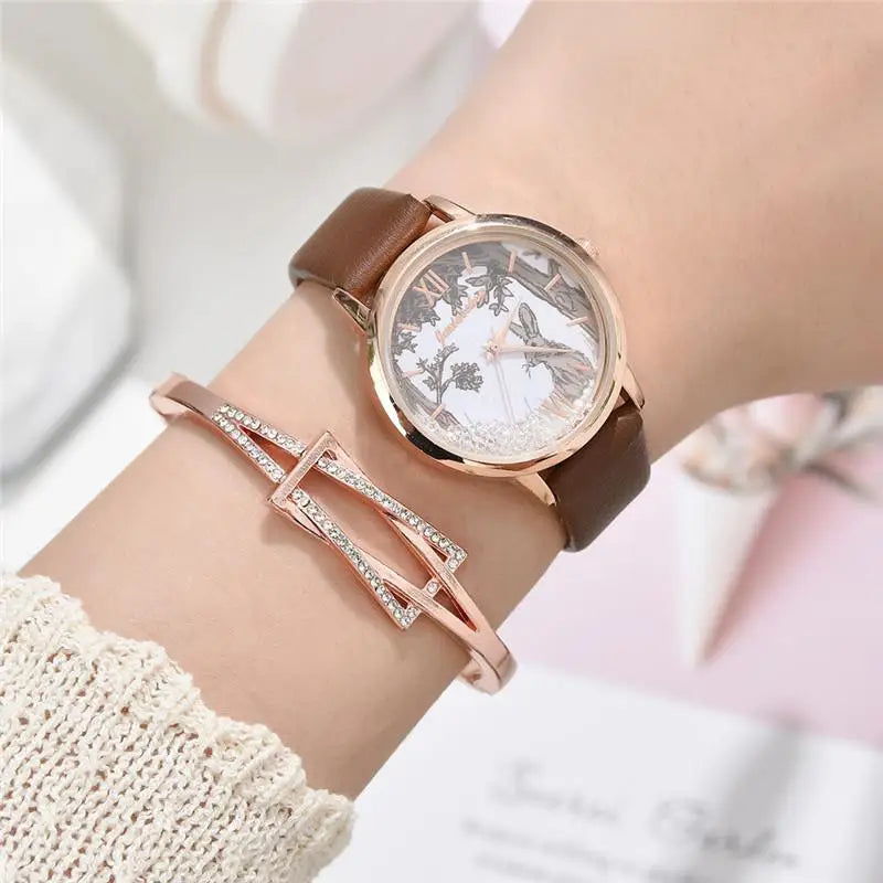 Luxury Rhinestones Women Watches Fashion Rabbit Pattern Dial Design Ladies Wristwatches Qualities Female Quartz Leather Watch