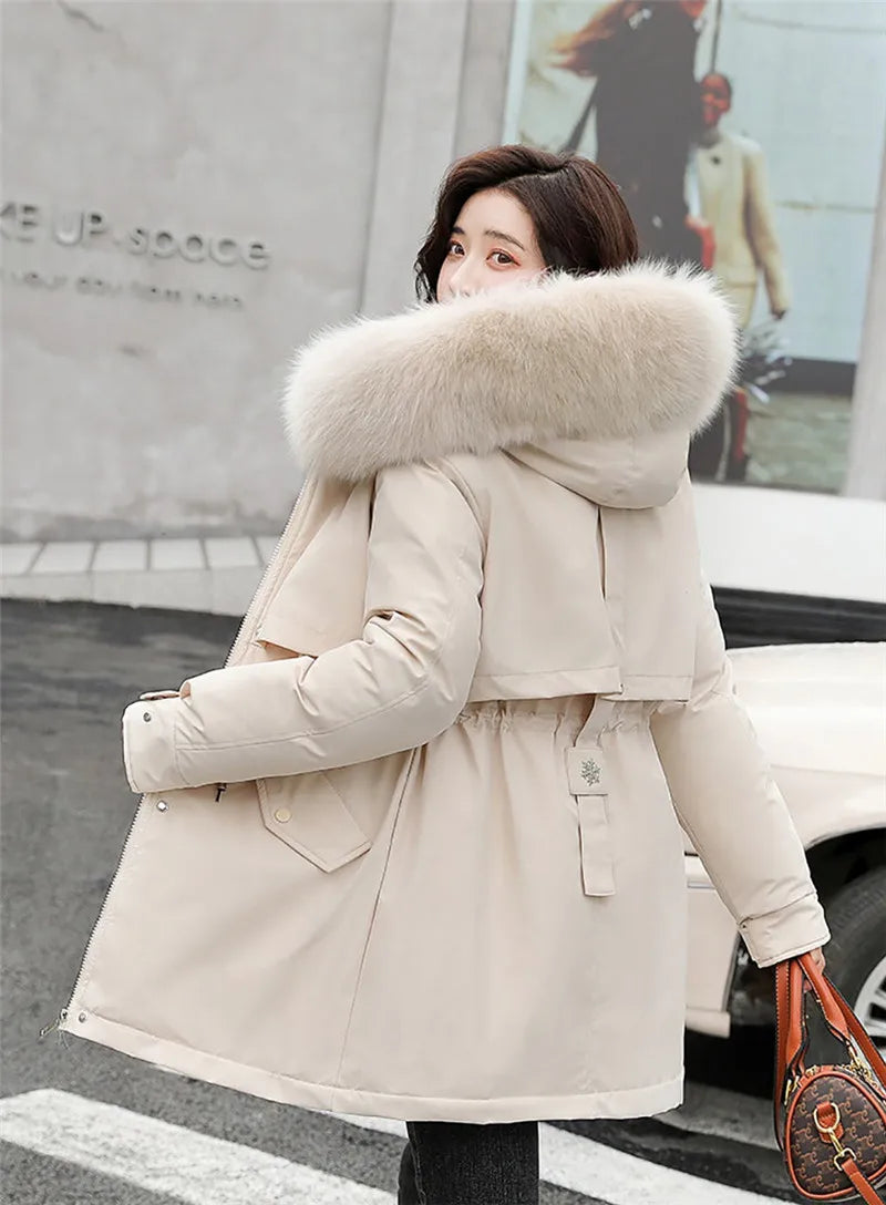 2023 New Winter Jacket Women Parka Fashion Long Coat Wool Liner Hooded Parkas Slim With Fur Collar Warm Snow Wear Padded Clothes - reetell