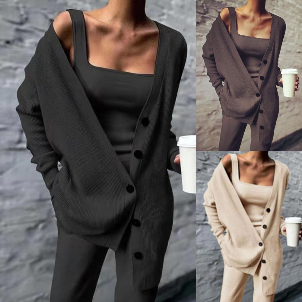 2021 Women Three Pices Set Autumn Winter Knitted Solid Cardigan Tops Tank Top And Casual Loose Long Pants Female Suit Tracksuit - reetell