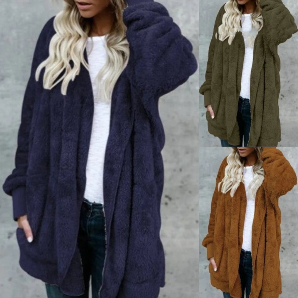 Loose Winter Women Solid Color Plush Faux Fur Warm Long Sleeve Hooded Female Jacket Midi Coat Cardigan 4 Colors - reetell