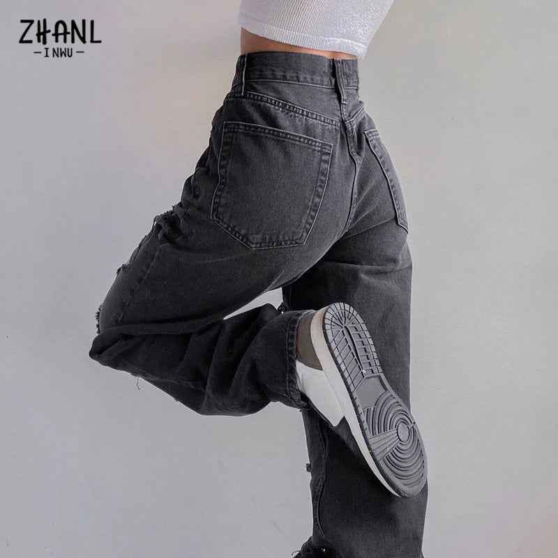 Black Ripped High Waist Jeans for women Vintage Clothes y2k Fashion Straight Denim Trousers Streetwear Hole Hip Hop Pant jeans - reetell