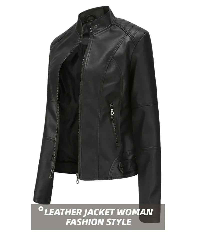 Women Leather Jacket 2024 Spring Autumn Black PU Leather Coat Stand-up Collar Motor Biker Jacket