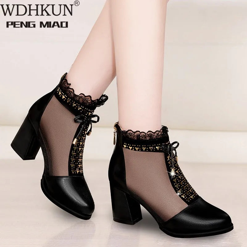 2021 Best-Selling Cowhide Mesh Bow Summer Shoes High Heel Women Sandals Shoes Summer Sandals Fish Mouth Black Leather Sandals - reetell