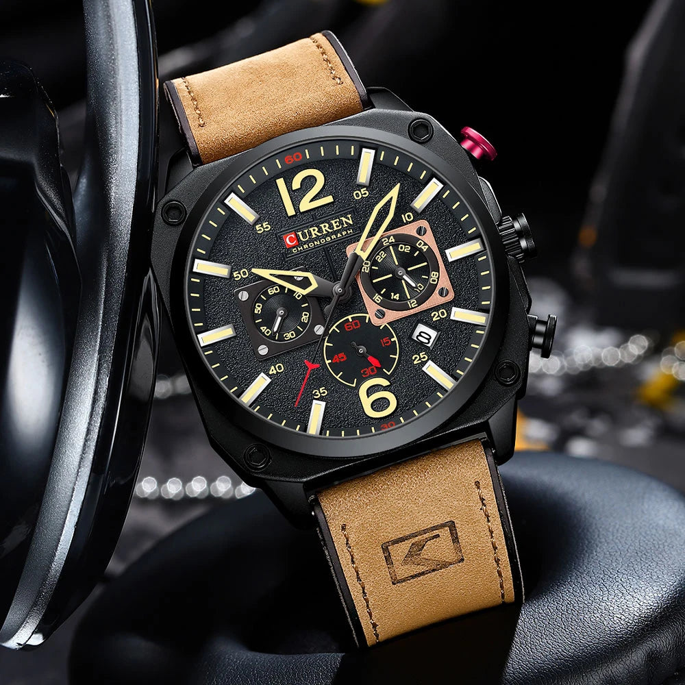 CURREN Brand Luxury Men Brown Quartz Wristwatches for Male Luminous Chronograph Dial Leather Clock Casual Sports Watch