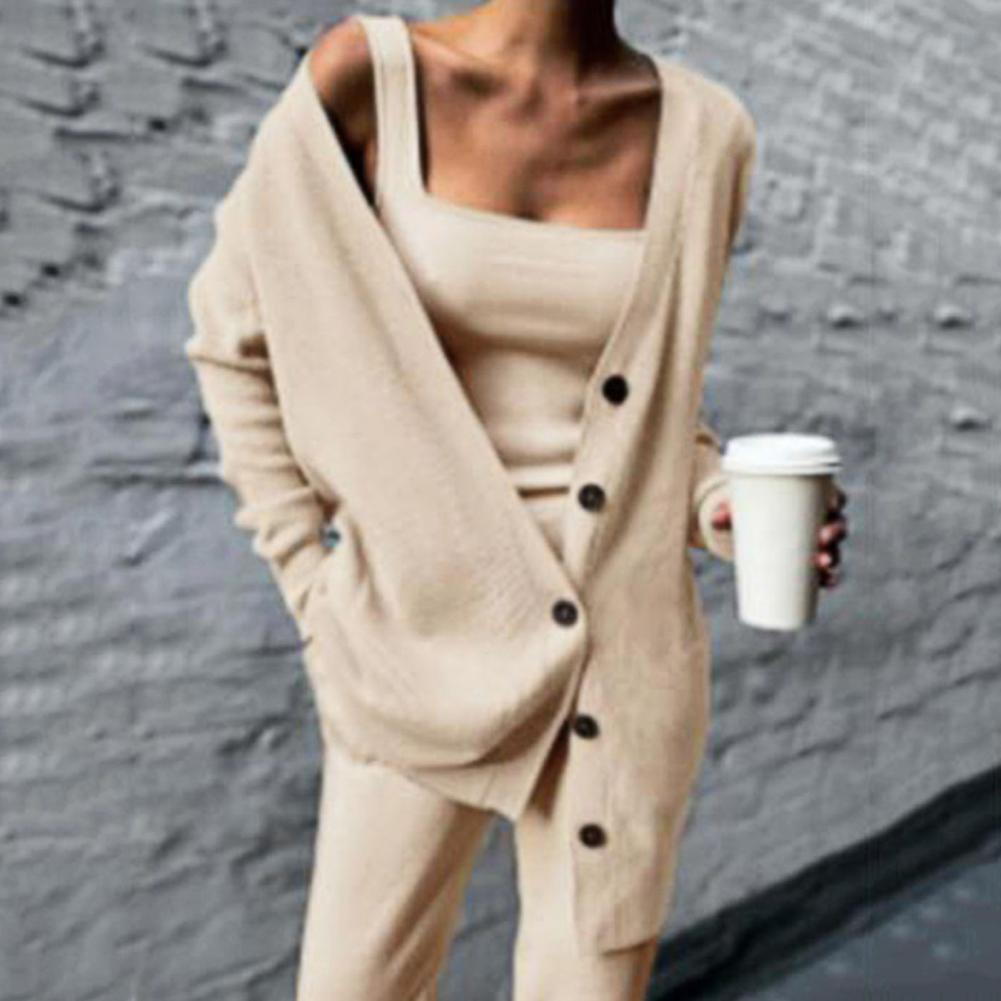 2021 Women Three Pices Set Autumn Winter Knitted Solid Cardigan Tops Tank Top And Casual Loose Long Pants Female Suit Tracksuit - reetell