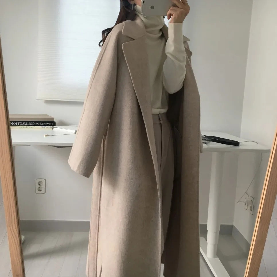 JXMYY French Lazy Style Warm Female Fresh Winter 2024 Classical Belt Retro Loose Women Woolen Coats Chic Casual Long Coat Long - reetell