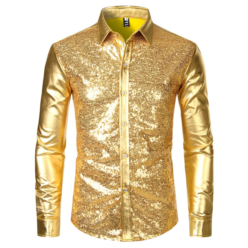 Men's Disco Shiny Gold Sequin Metallic Design Dress Shirt Long Sleeve Button Down Christmas Halloween Bday Party Stage Costume - reetell