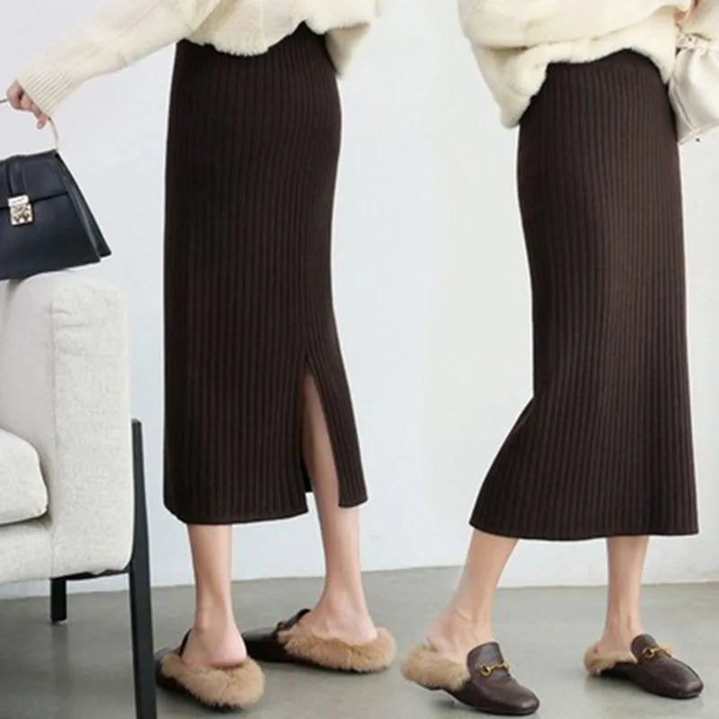 50-60-70 CM Fashion Autumn Winter Korean Knitted Women Skirts Elastic High Waist Split A-line Female Sexy Ribbed Skirts - reetell