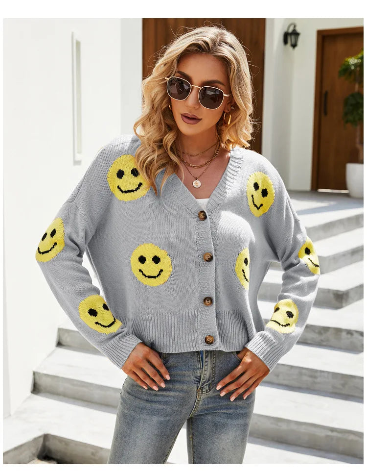 Women's Smiling Face Cardigan Autumn Winter New Female's Long Sleeve V Neck Single Breasted Knitted Shirt Casual Loose Knitwear - reetell