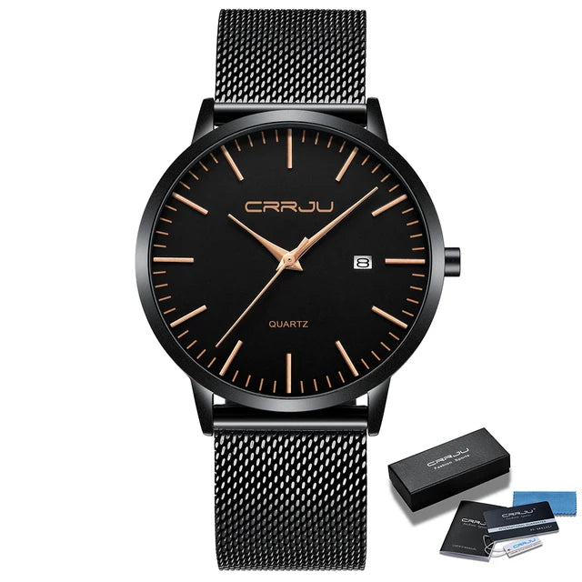 CRRJU Fashion Mens Watches Ultra Thin Quartz Watch Men Casual Slim Mesh Steel Waterproof Sport Watch Black Relogio Masculino