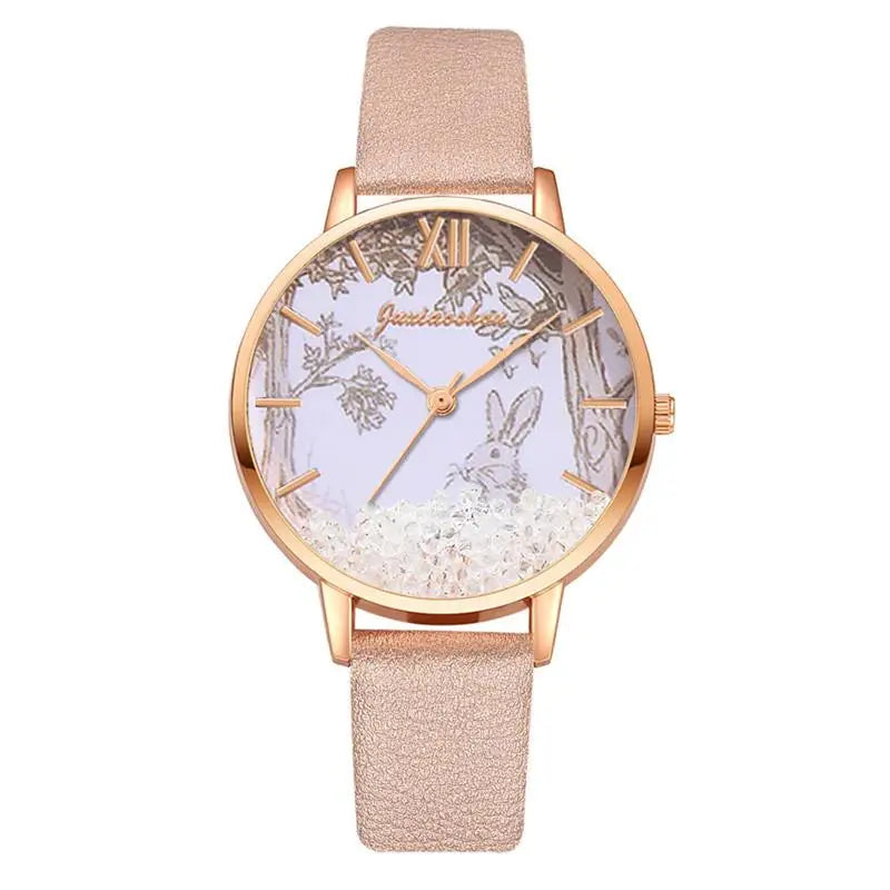 Luxury Rhinestones Women Watches Fashion Rabbit Pattern Dial Design Ladies Wristwatches Qualities Female Quartz Leather Watch