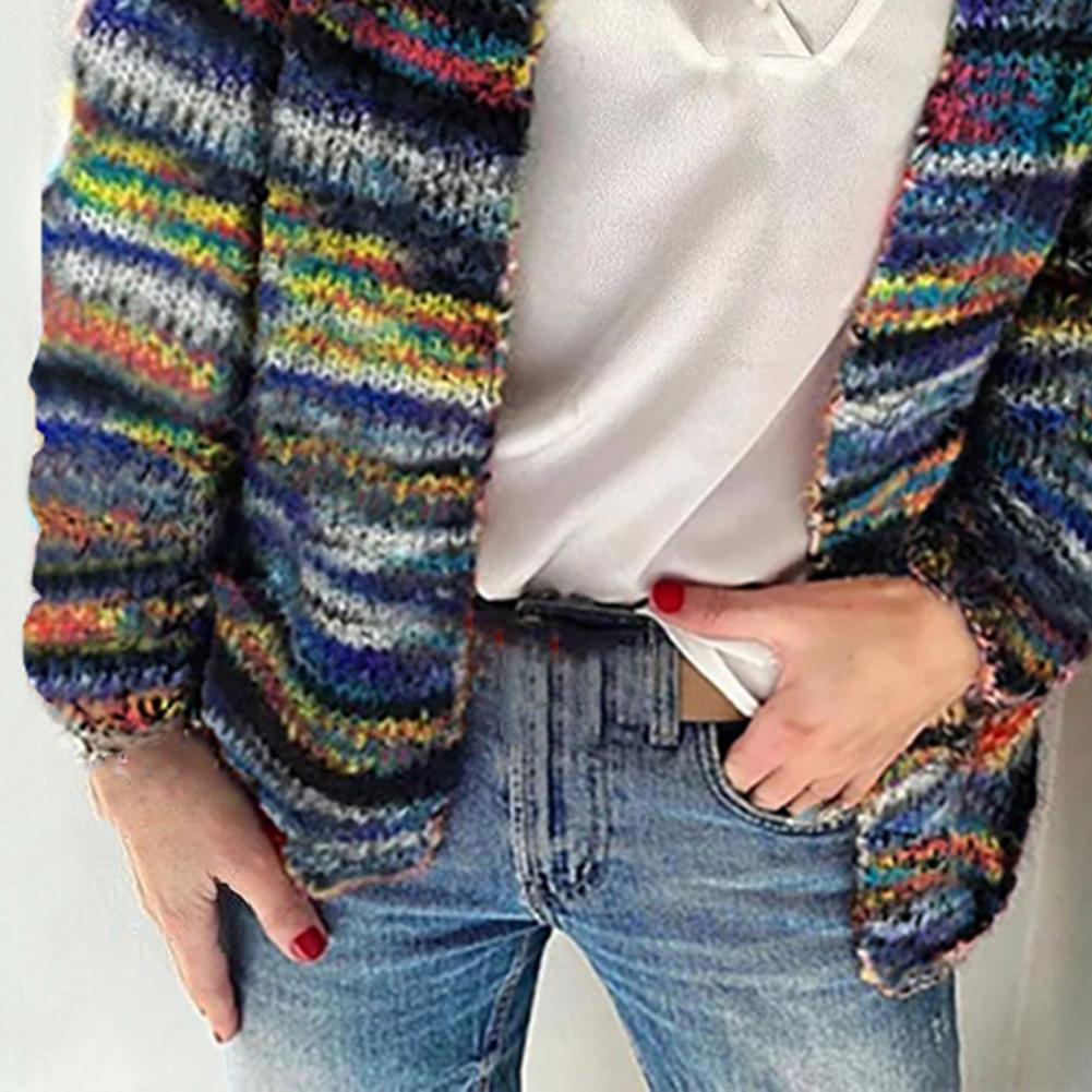 2021 New Women Sweater Rainbow Stripes Temperament Autumn Winter Long Sleeve Knitted Cardigan Coat for Office - reetell