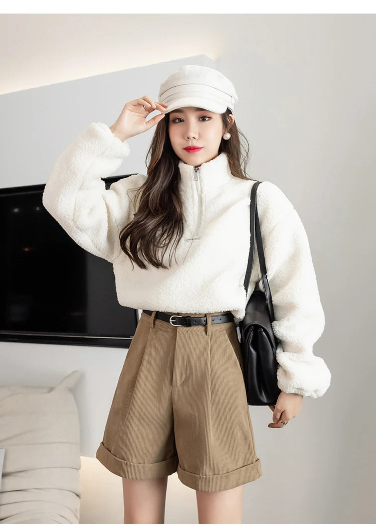 Streetwear Winter Corduroy Shorts Women Casual Loose Wide Leg Woolen Shorts With Belt High Waist Short Femme Black Khaki Brown - reetell