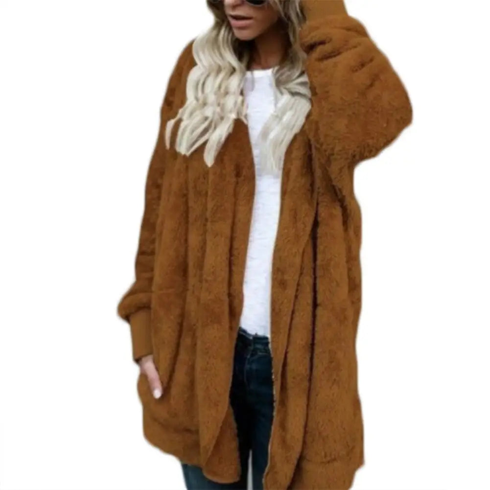 Loose Winter Women Solid Color Plush Faux Fur Warm Long Sleeve Hooded Female Jacket Midi Coat Cardigan 4 Colors - reetell