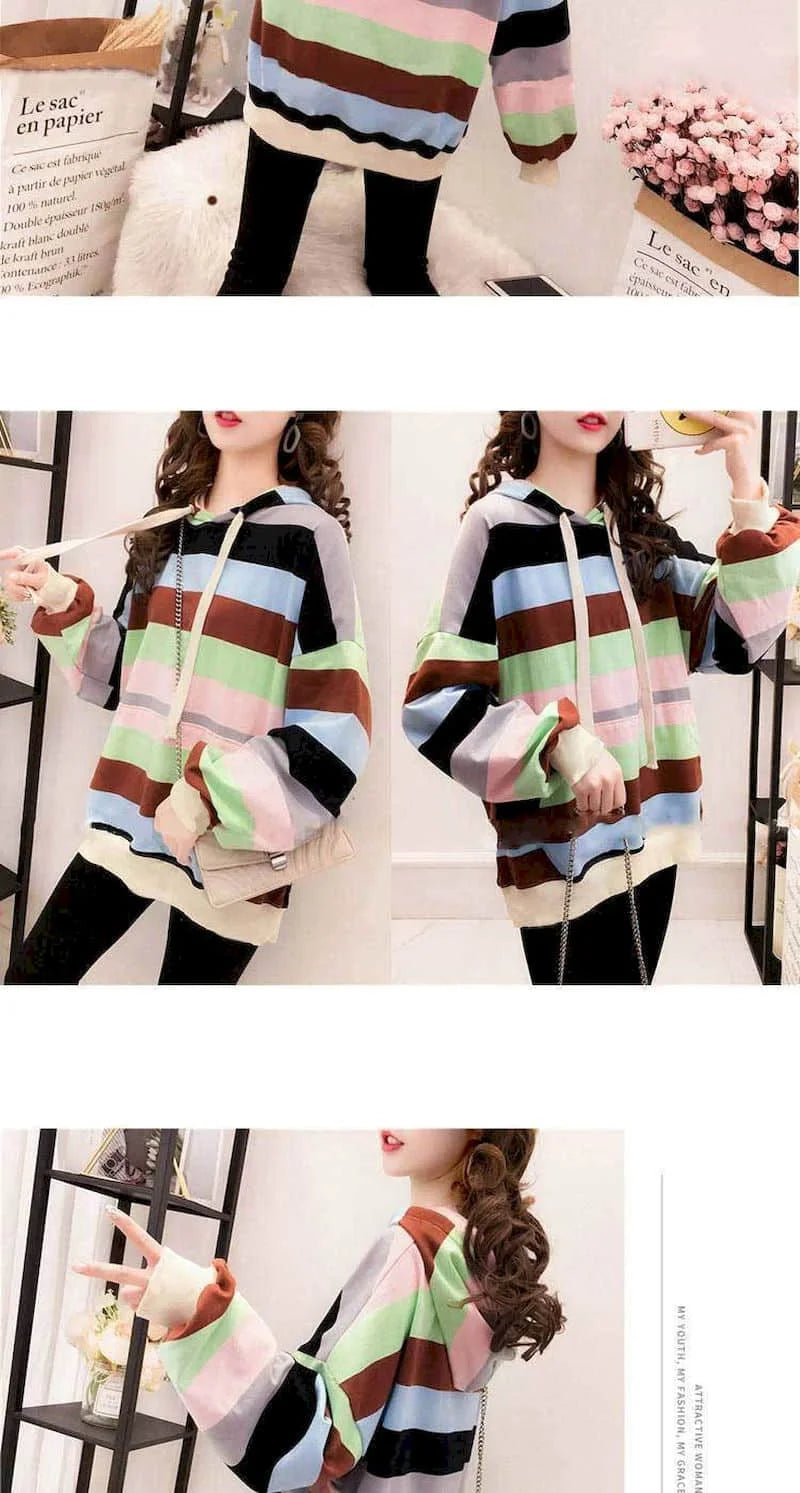 Womens Hoodies Rainbow Striped Long-sleeved T-shirt Spring Autumn New Loose Thin Casual Oversized Hooded Sweatshirt Women Tops - reetell