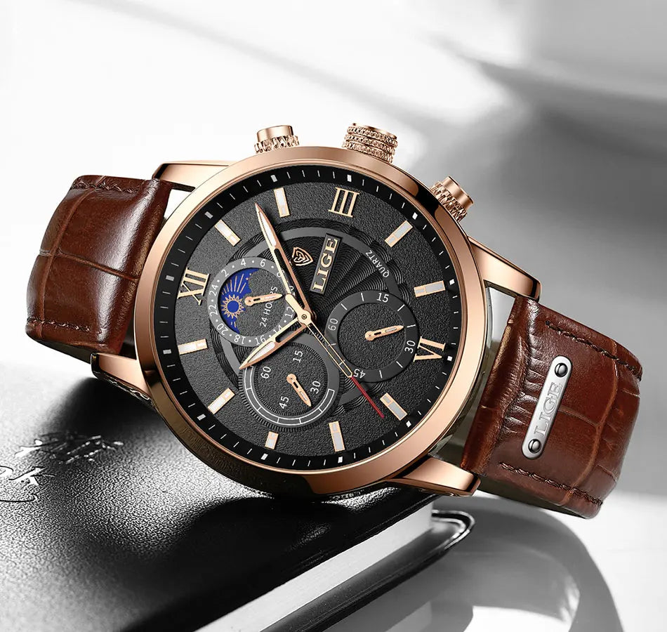 2024 New Mens Watches LIGE Top Brand Luxury Leather Casual Quartz Watch Men's Sport Waterproof Clock Watch Relogio Masculino+Box