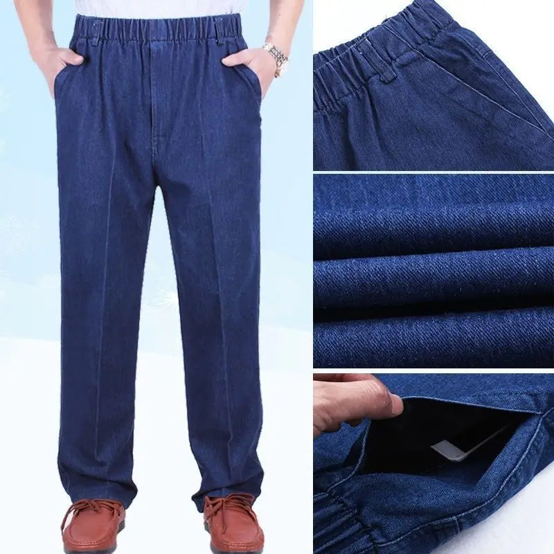 Durable Outdoor Work Wear Straight Jeans Trousers Men Elastic Waist Casual Wide Leg Thick Cotton Denim Pants Classic Loose Dad - reetell