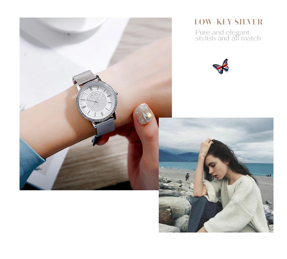 Hot Sale Full Solid Stainless Steel Strap Japan Movement Rose Gold Diamonds Women Rhinestones Wristwatches Female Quartz Watch