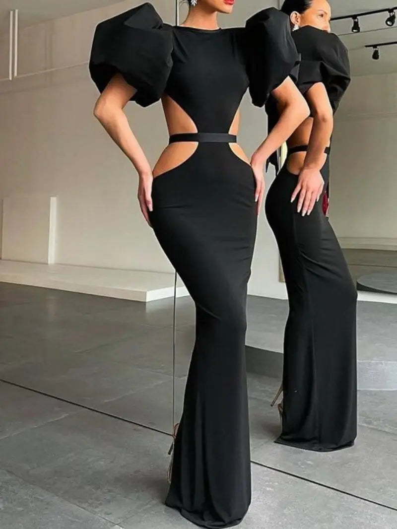 2022 new open back bow tie sexy long skirt bubble sleeve banquet evening dress hip slim dress - reetell