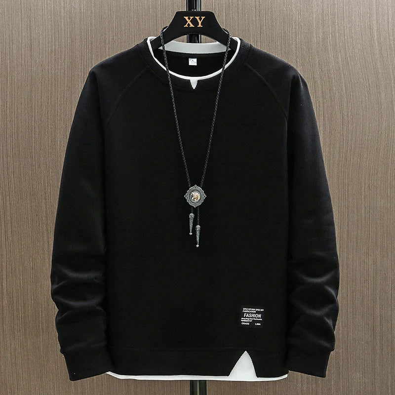 2024 New Mens Casual Sweatshirts Harajuku Solid Color Fashion Fake Two Pieces O-Neck Sweatshirt Hoodies Hip Hop Male Streetwear - reetell