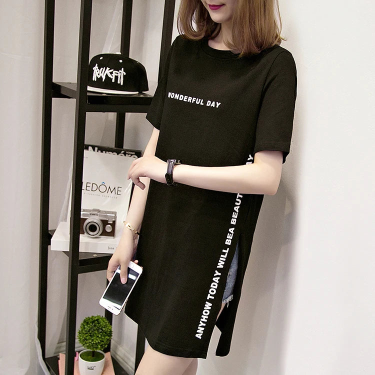 WONDERFUL DAY Print Long T shirts Summer Women Loose Slit Femme Tops Cotton Tshirt Short sleeve Ladies t-shirt - reetell