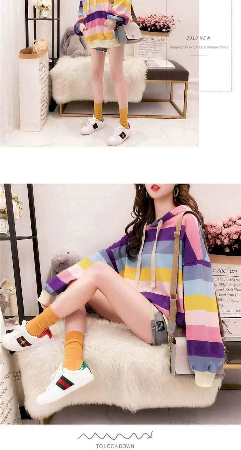 Womens Hoodies Rainbow Striped Long-sleeved T-shirt Spring Autumn New Loose Thin Casual Oversized Hooded Sweatshirt Women Tops - reetell