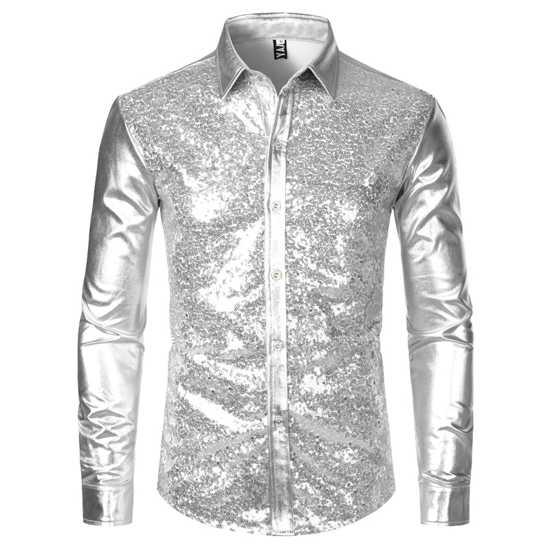 Men's Disco Shiny Gold Sequin Metallic Design Dress Shirt Long Sleeve Button Down Christmas Halloween Bday Party Stage Costume - reetell